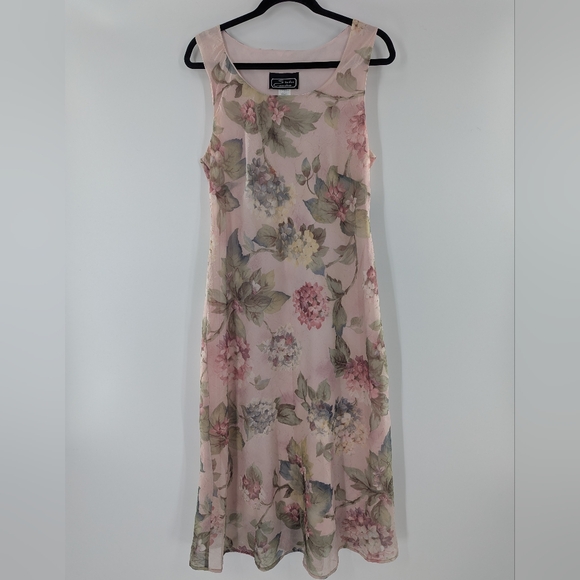 Studio connections Dresses & Skirts - VTG Studio Connection Floral Midi Dress Pink Sheer Overlay Sleeveless 14 Pastel
